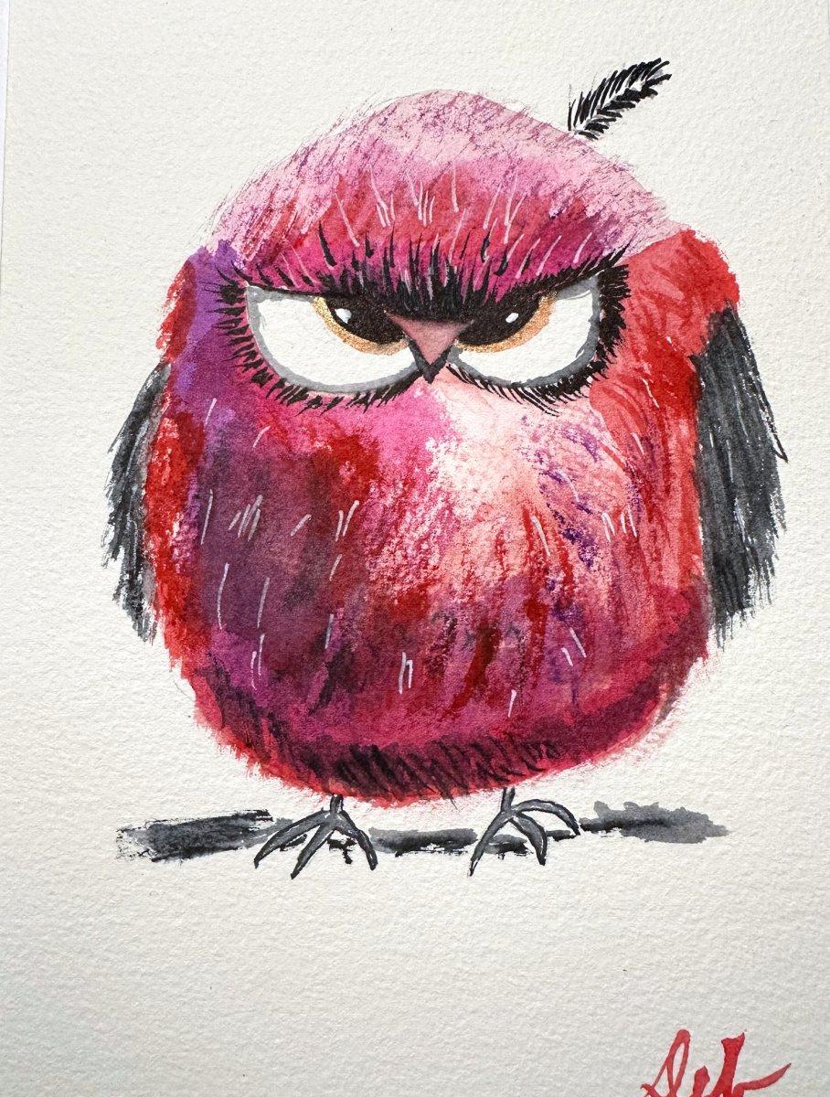 Watercolor of a round, scowling magenta bird.