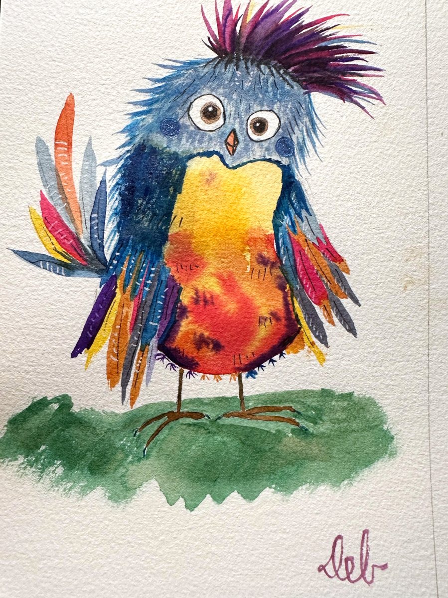 Watercolor of a wide-eyed bird with a spiky purple crest and rainbow feathers.