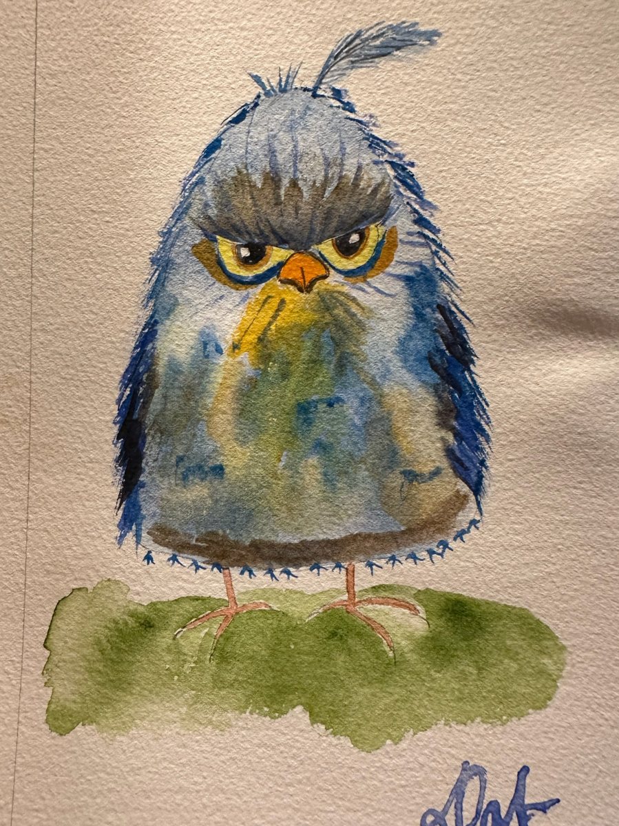 Watercolor of a grumpy blue-gray bird standing on grass.