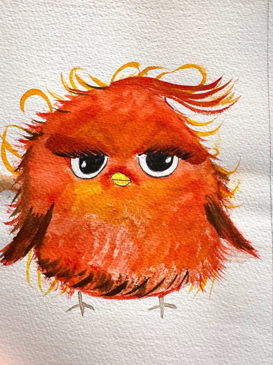 Watercolor of a fluffy orange bird with heavy-lidded eyes.