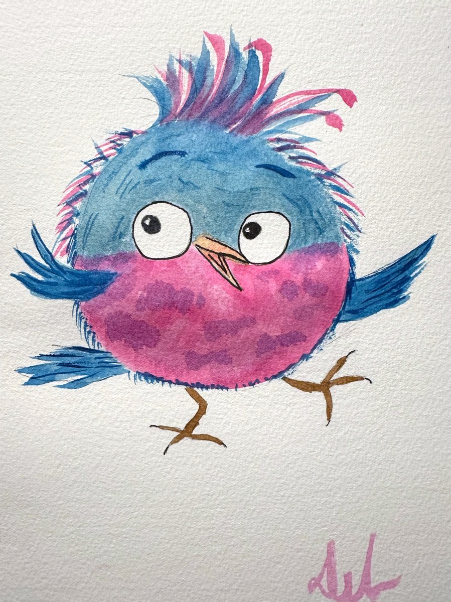 Watercolor of a blue and pink bird with a crest, mid-step.