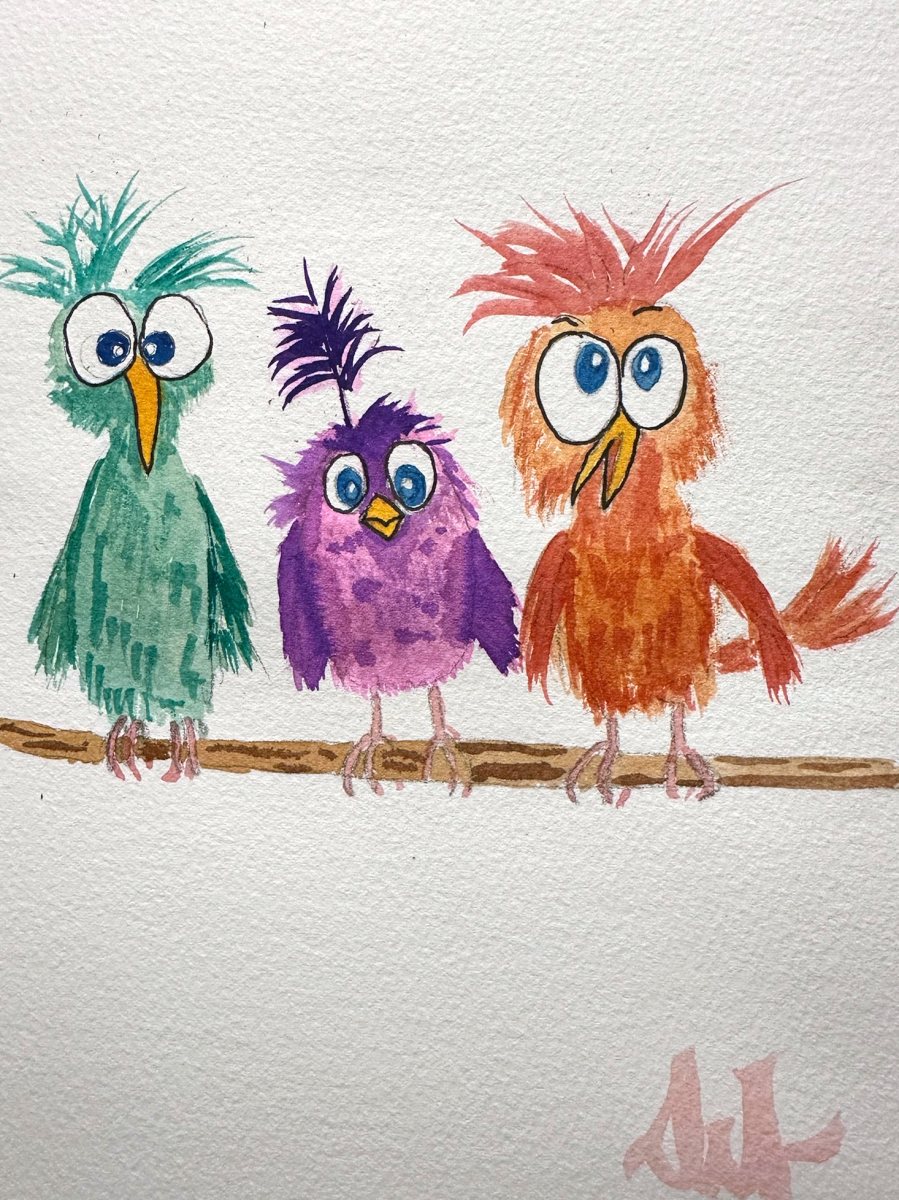 Watercolor of three small birds — green, purple, and orange — on a branch.