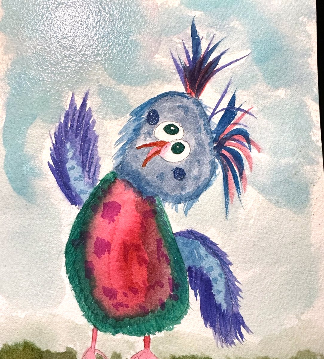 Watercolor of a purple and pink bird with wings raised.