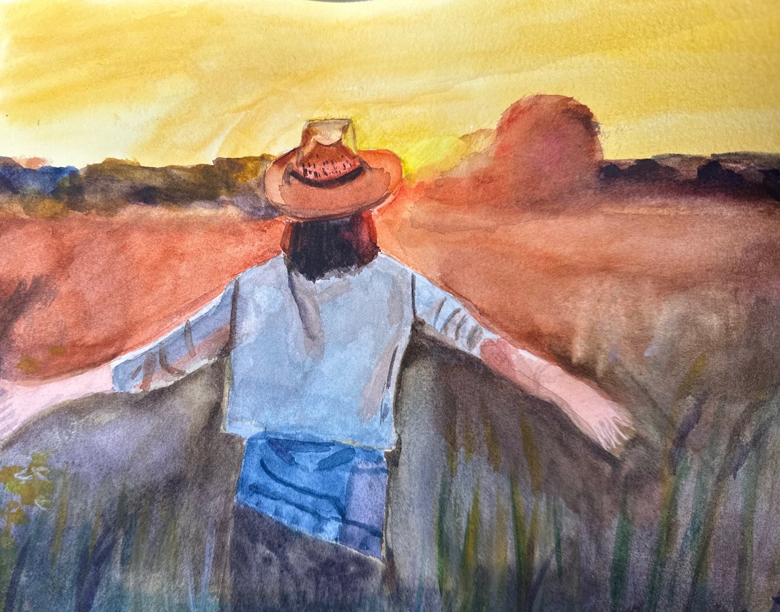 Watercolor of a figure in a hat standing in tall grass with arms open toward a yellow sky.