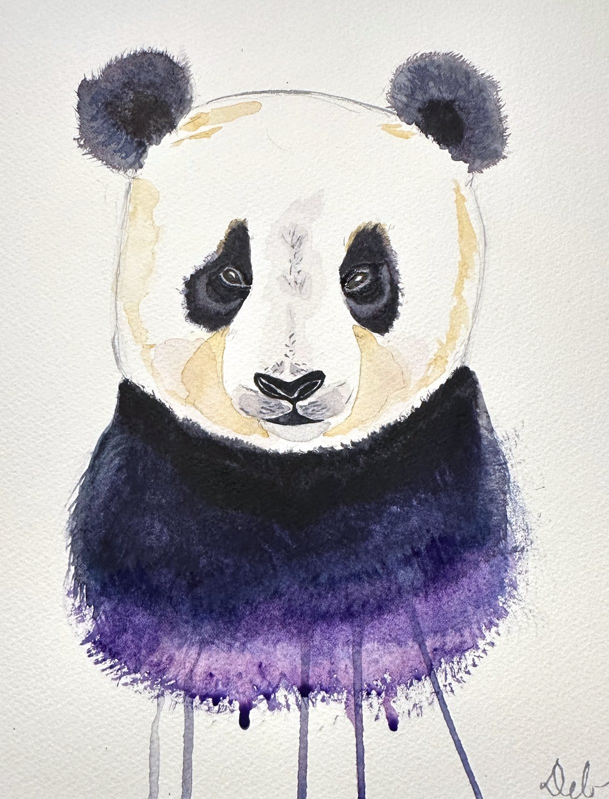 Watercolor of a giant panda, its black fur dissolving into violet drips.