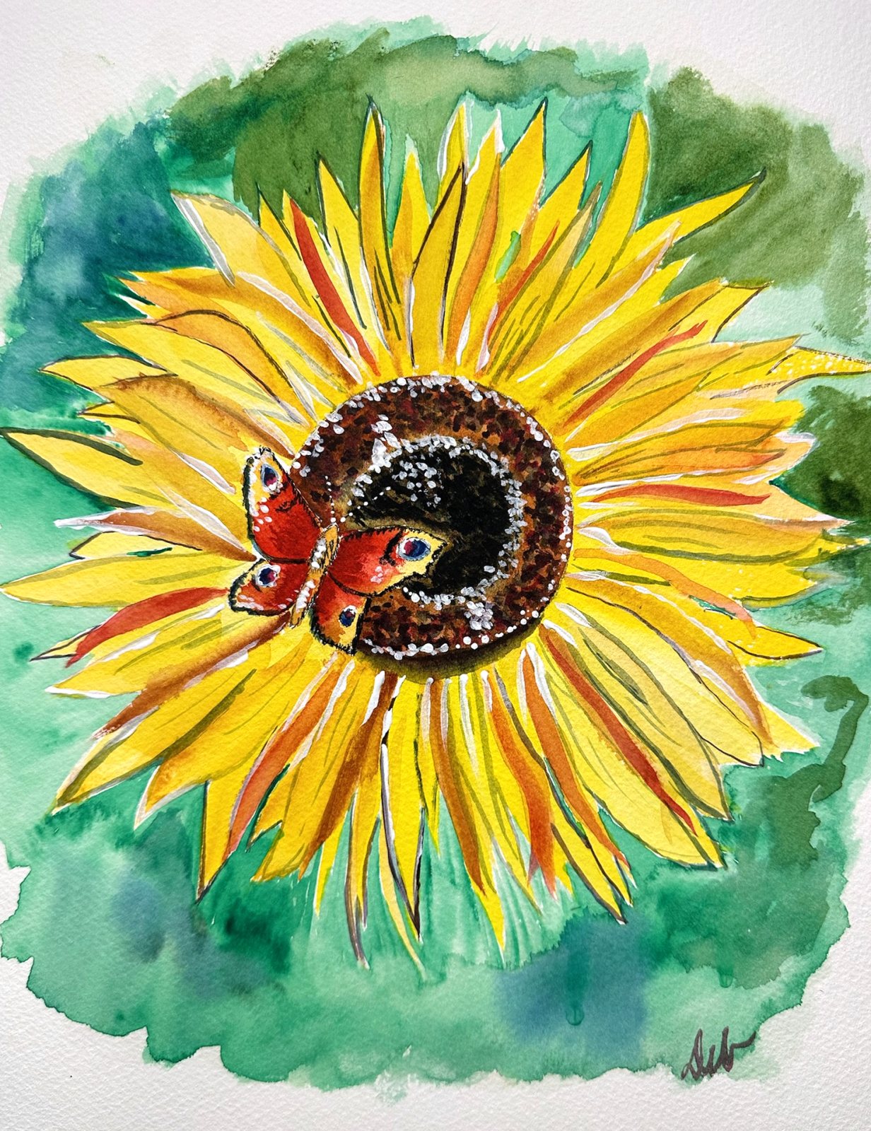 Watercolor of a sunflower with a butterfly resting at its center, on a green wash.