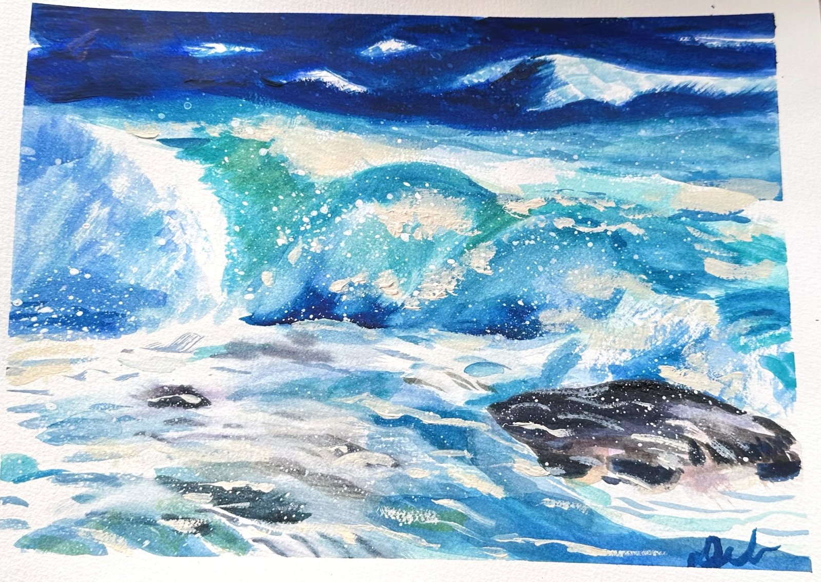 Watercolor of a breaking turquoise wave with white spray.